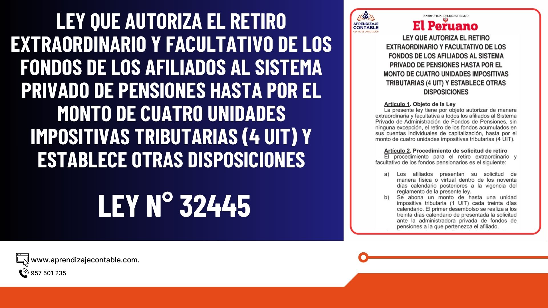 LEY 32445 QUE AUTORIZA EL RETIRO EXTRAORDINARIO Y FACULTATIVO DE LOS FONDOS DE LOS AFILIADOS AL SISTEMA PRIVADO DE PENSIONES HASTA POR EL MONTO DE CUATRO UNIDADES IMPOSITIVAS TRIBUTARIAS (4 UIT) Y ESTABLECE OTRAS DISPOSICIONES